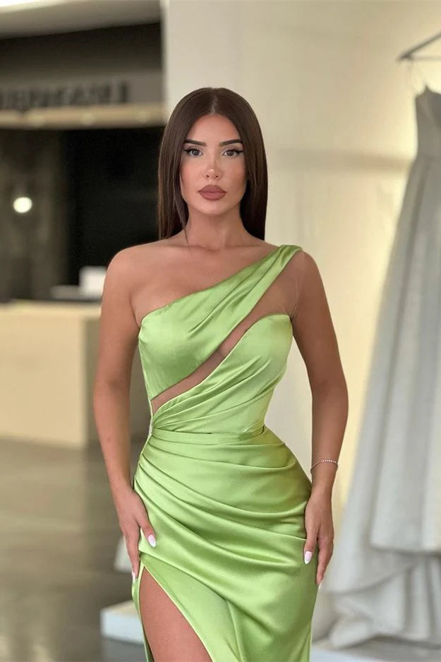 Vestidos formales verde claro, vestido de noche largo sin mangas con un solo hombro, vestido de fiesta con abertura lateral / Tienda de vestidos de fiesta